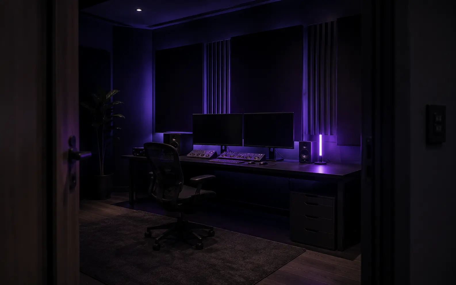 An empty post-production suite at night, lit by a single violet lamp
